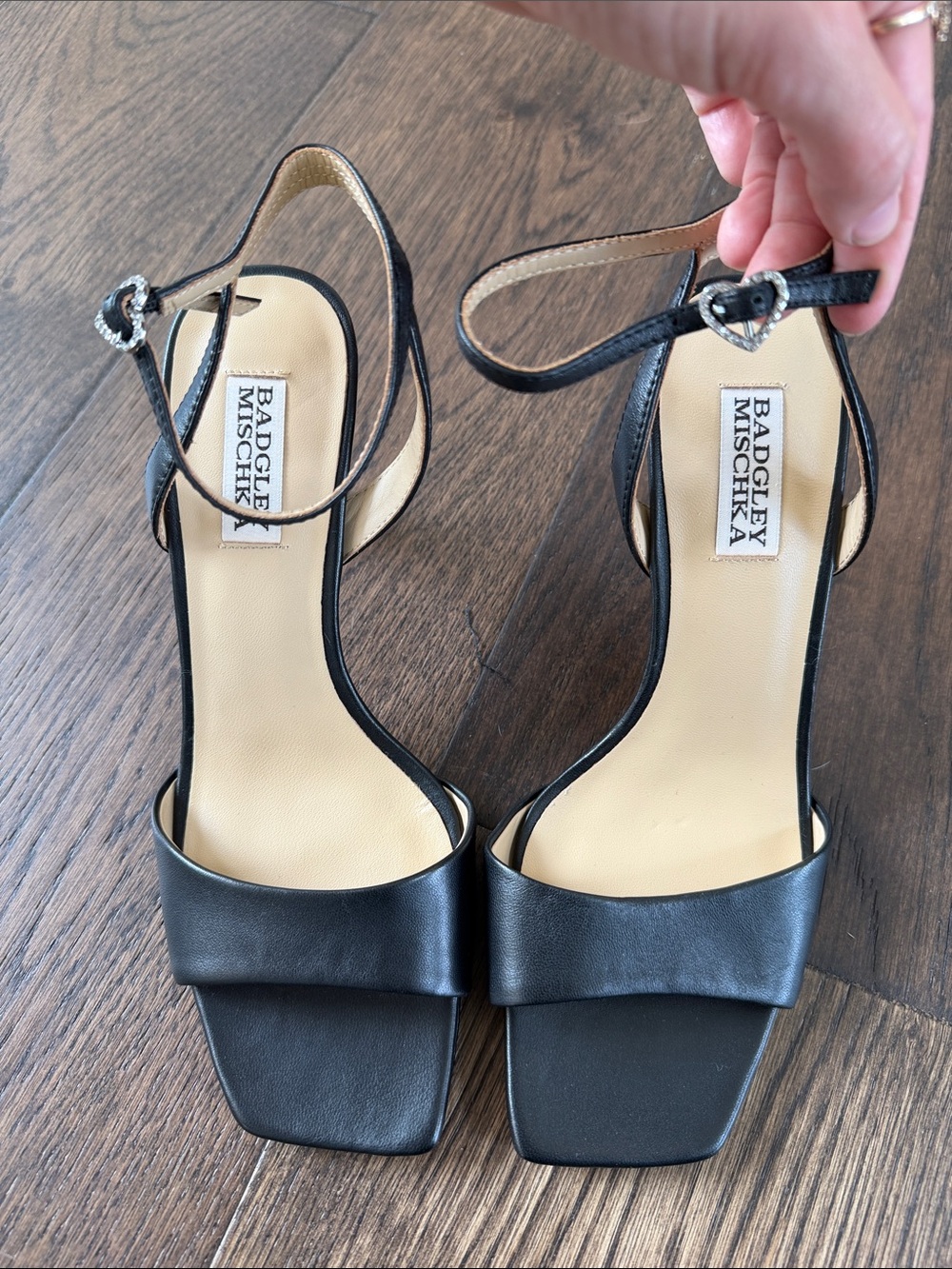 Badgley Mischka Black Leather Open-Toe Ankle-Strap Heels